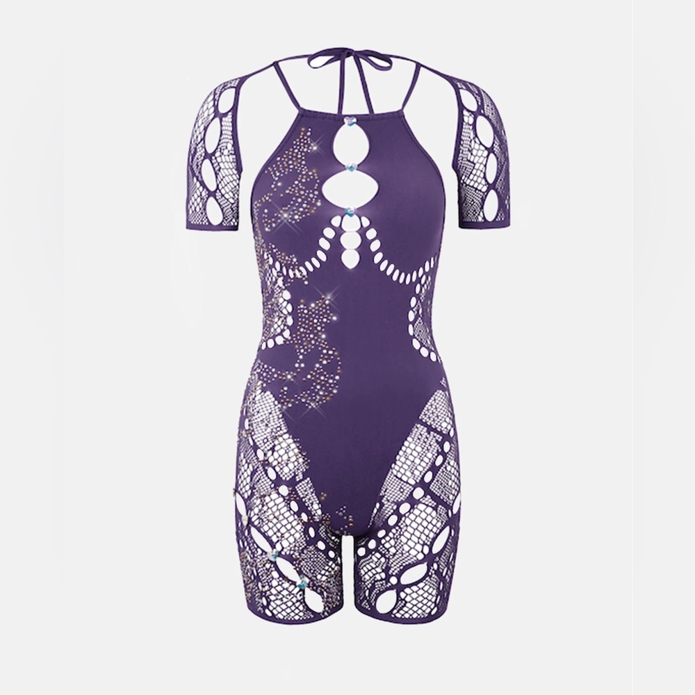 Poster Girl Becky Lace Cut-Out Embellished Romper Purple (Midnight) O/S NWT